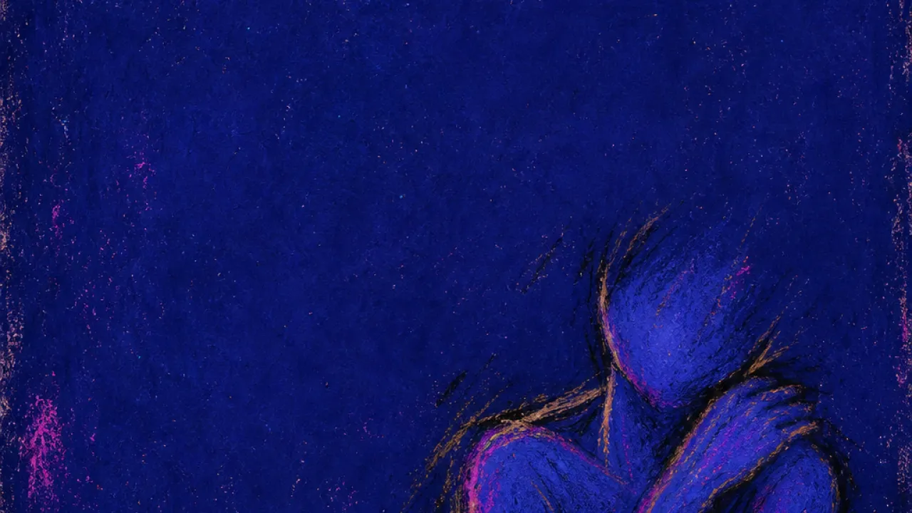 Offering peace, losing ground A figure leaning forward with shoulders curled inward, one hand offering a small cup as amber light fractures into deep blue.