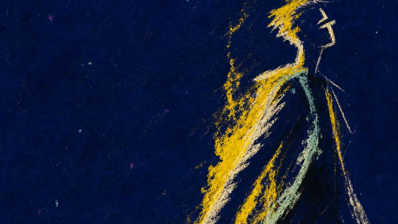 Reaching forward, depth fading A figure reaching toward a new notebook as an older one slides beneath it, electric yellow light splitting into deep indigo