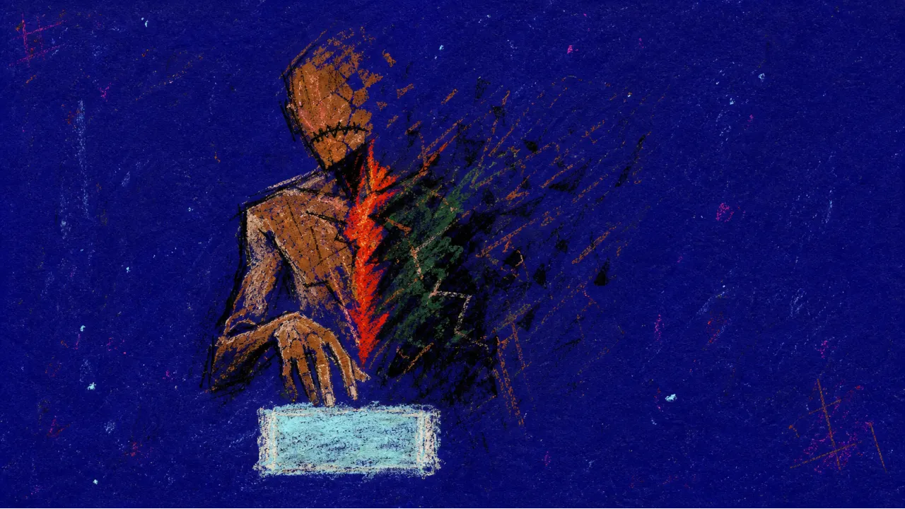 Overtaken from the inside A figure with a locked jaw and hand over a glowing reply box, red-orange light splitting into a green-black room.