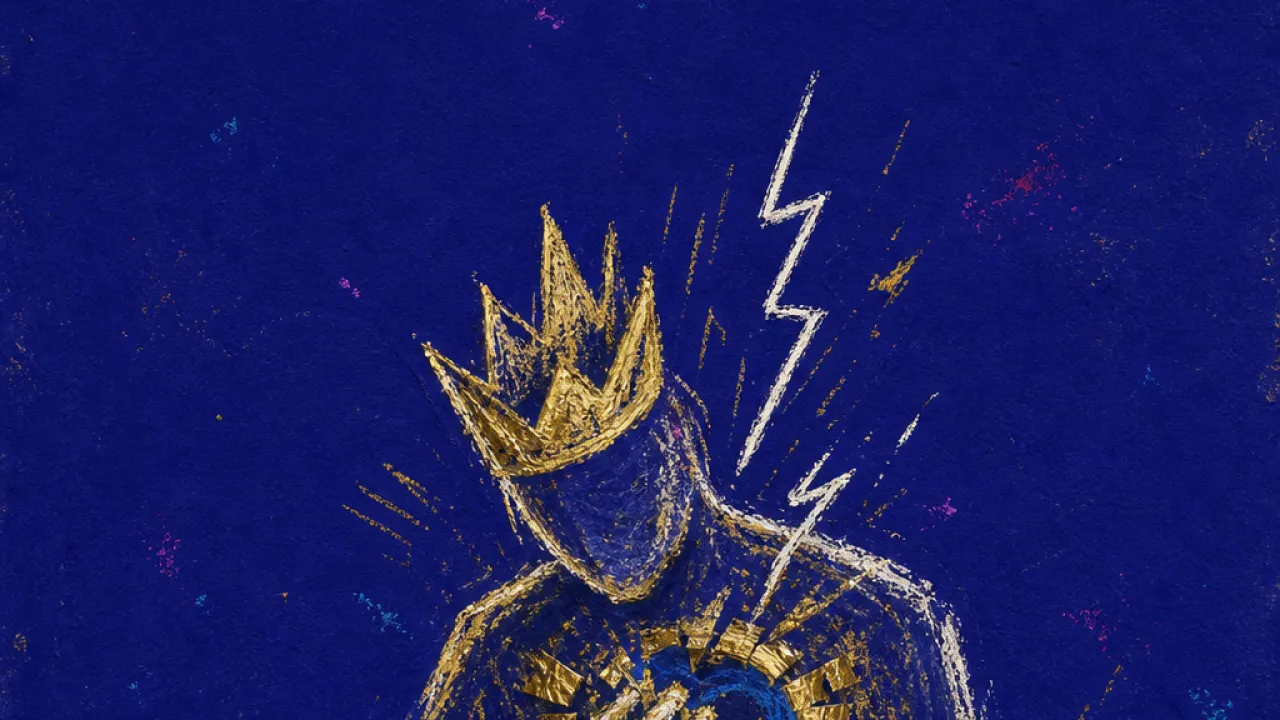 A forward-leaning figure grips a closed laptop and checklist, with a thin gold line crossing the sternum into muted blue.
