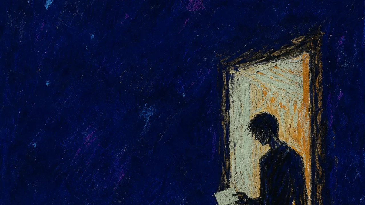 At the Door, Not Through A figure stands in dark space with one foot at a doorway and a thumb above an unsent message, amber light split by cold blue