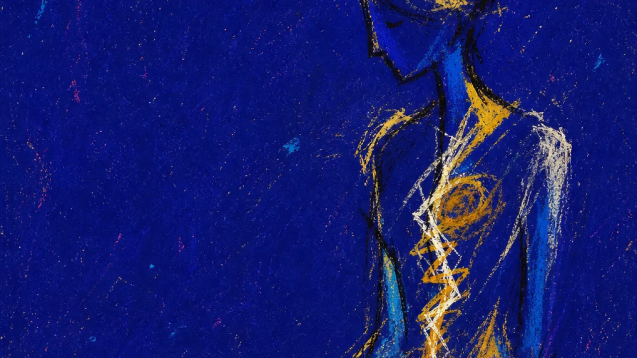 Open, But Still Held A figure stands by a half-lit table, thumb on an uncovered mug rim, warm gold water held behind a cool blue line.