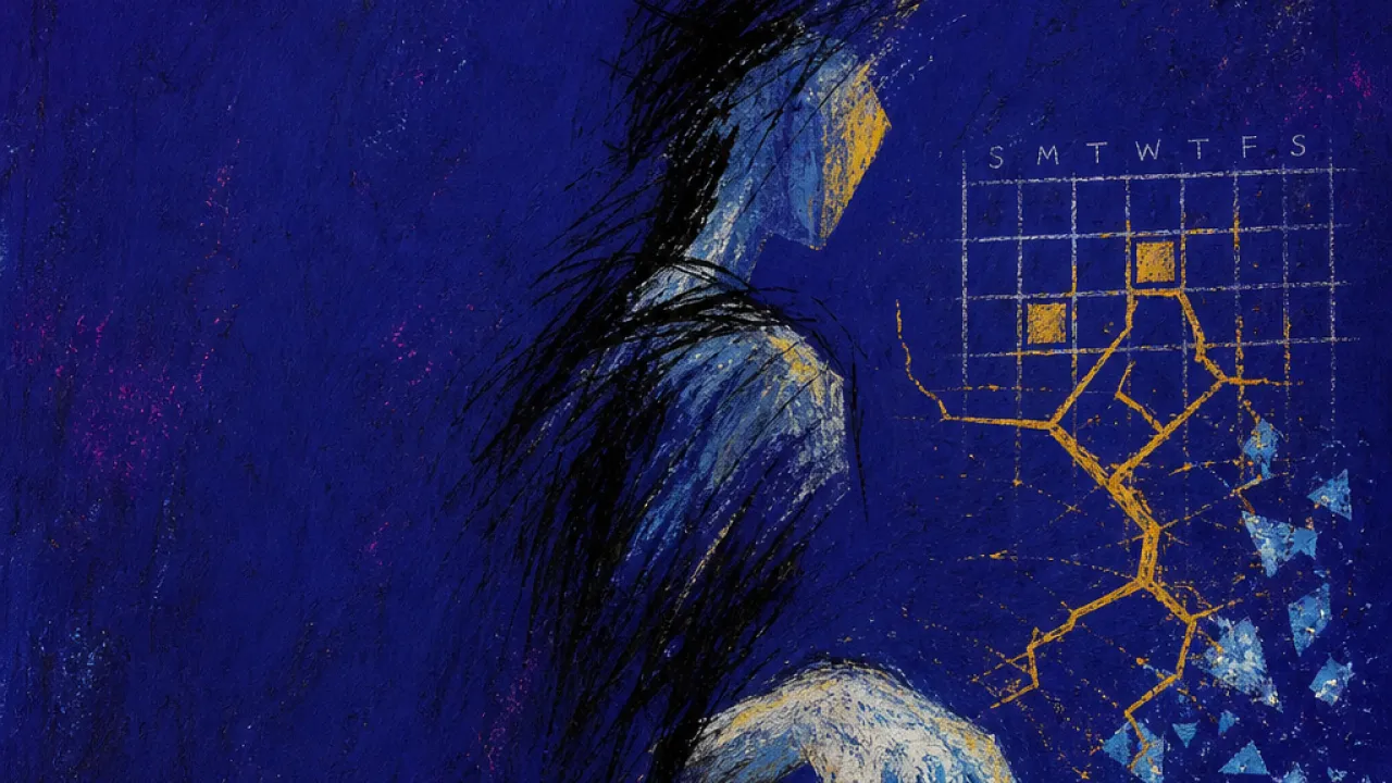 A side-turned figure in dark space with a thumb hovering above a payment button, amber route lines fracturing into blue.