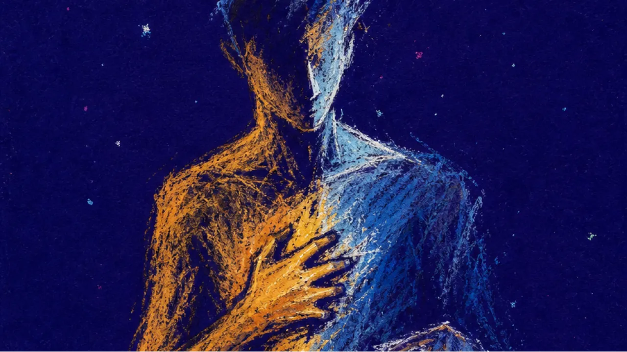 Reaching for proof A figure leaning toward a glowing phone with one hand at the chest, blue light split by a silver path in deep shadow