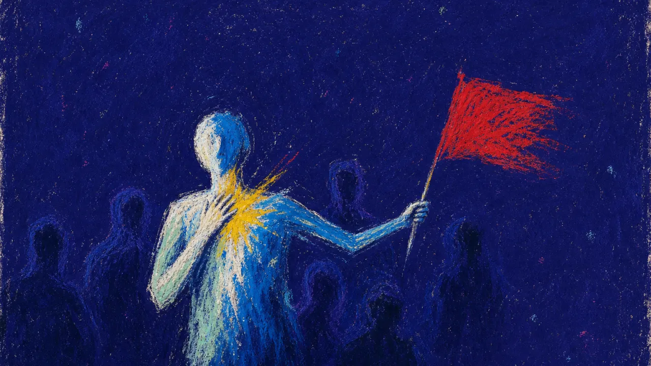 Visible before approval A figure with one hand near the throat and a red flag lifted outward, warm gold breaking into cool blue light.