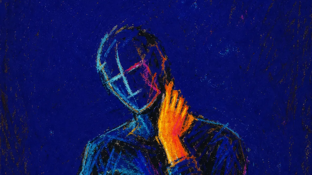 Warmth with a visible edge A figure touching the side of their neck while angled toward a lit phone, amber warmth split by a cool blue edge.