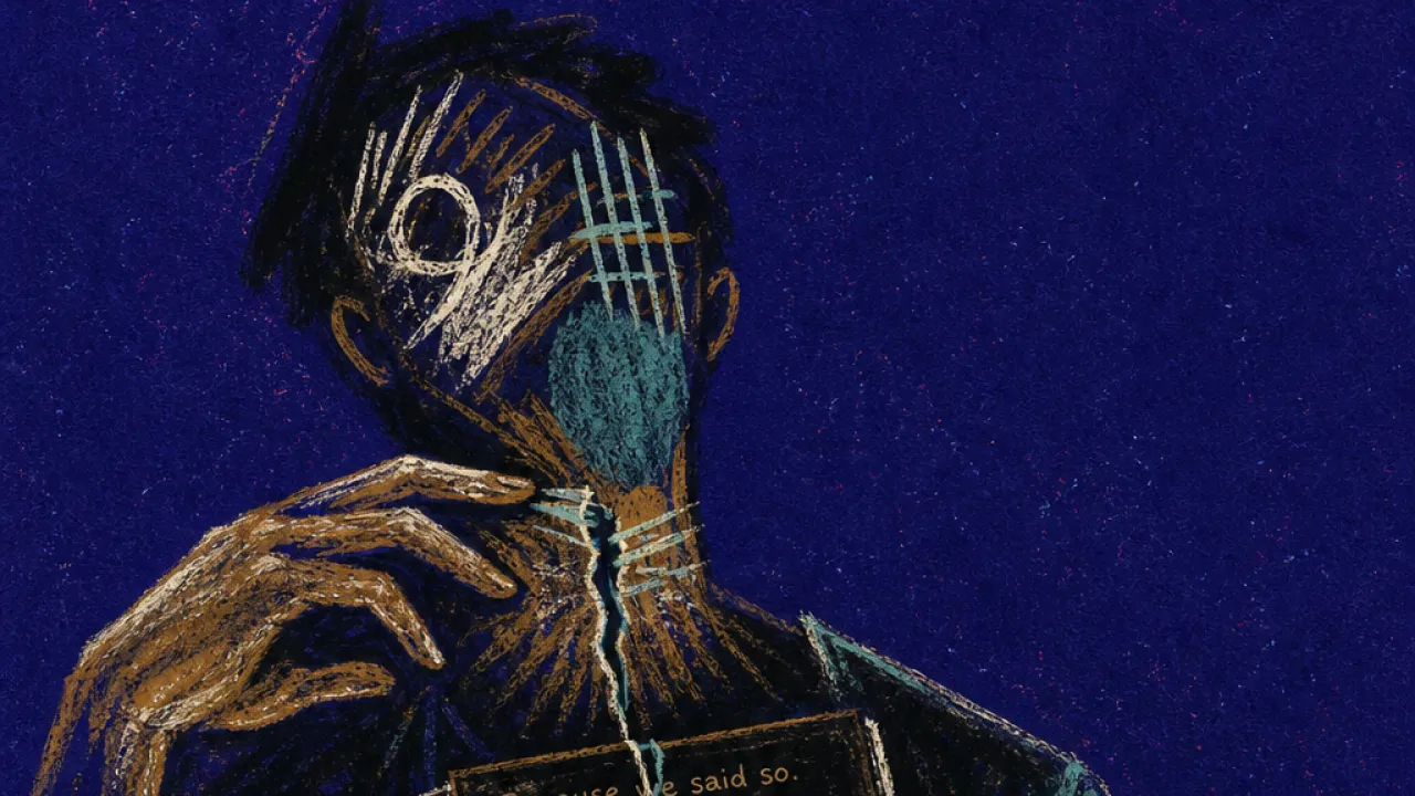 Braced as the voice recedes A braced figure holds a muted family-call screen and a notebook, with a sepia-teal split at the throat