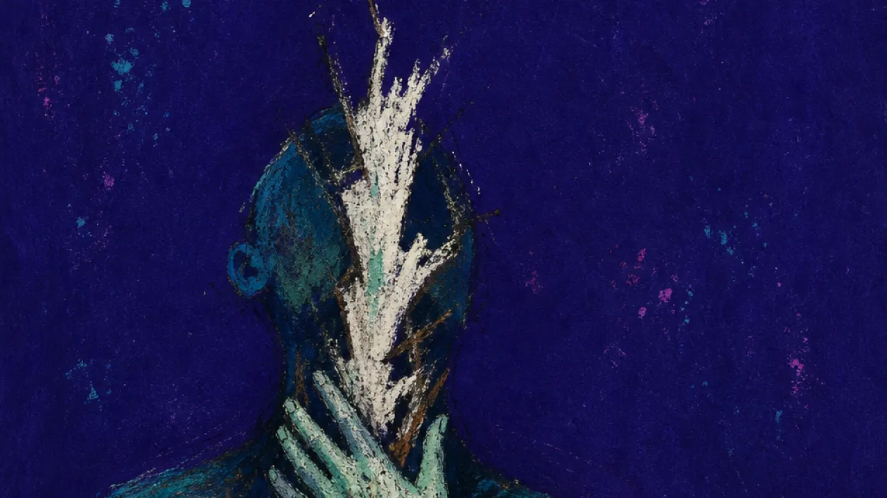 Holding down what rises A figure grips a deleted message near a dim screen, one hand at the throat as a bone-white fracture crosses bruised teal
