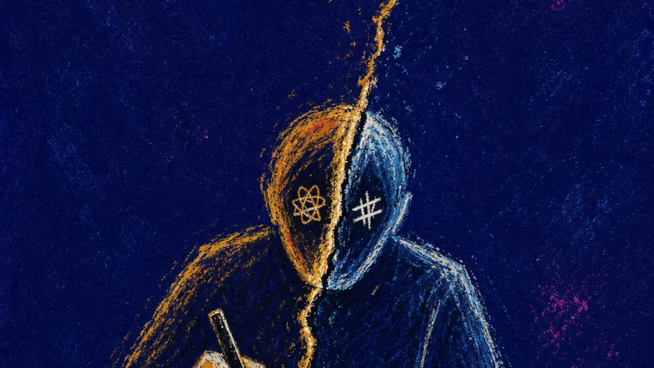 When review becomes verdict A figure presses a pen into a crossed-out tracker, amber checkmarks breaking into cold blue across the desk