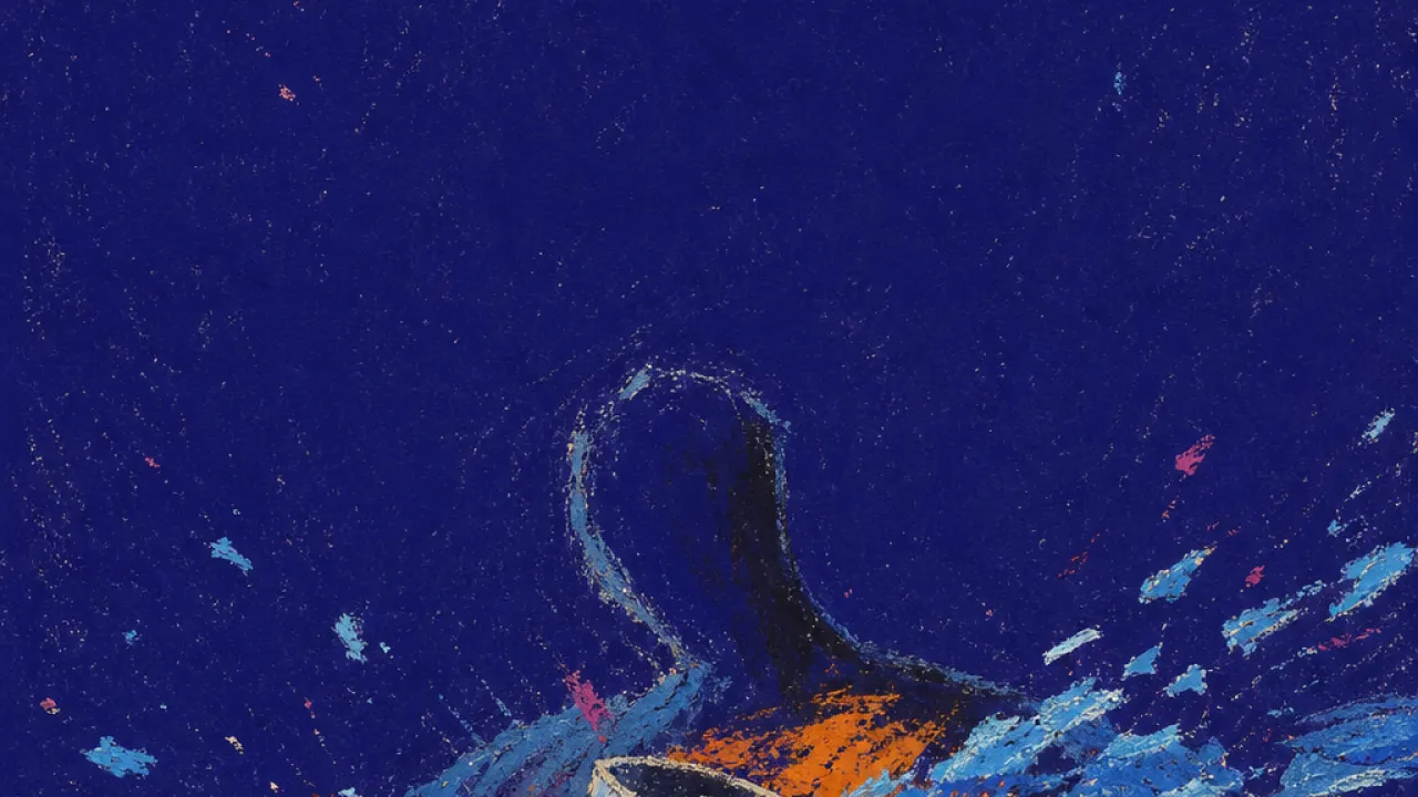 Holding the flood still A figure grips a tipped chalice as blue streams spill across a dark room, with amber heat pressing at the chest.