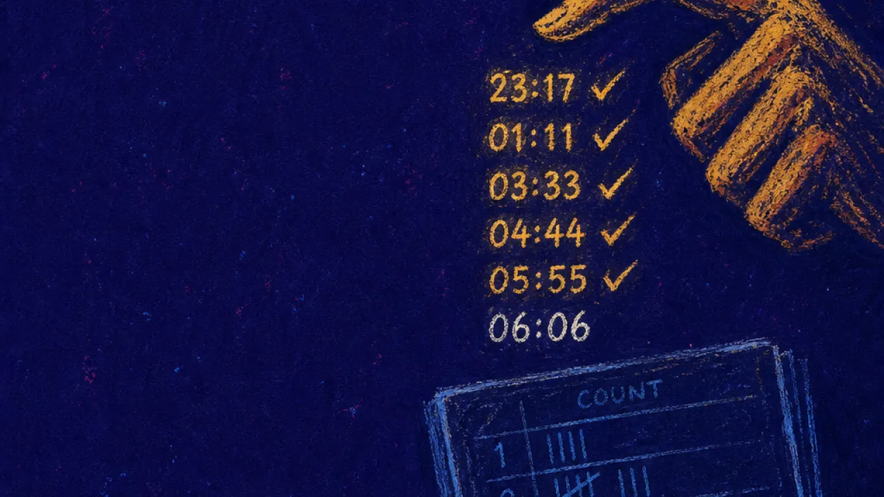 Counting until ease disappears A figure pinning a half-lit ledger while a thumb hovers over stacked message timestamps, gold lines cutting into blue space