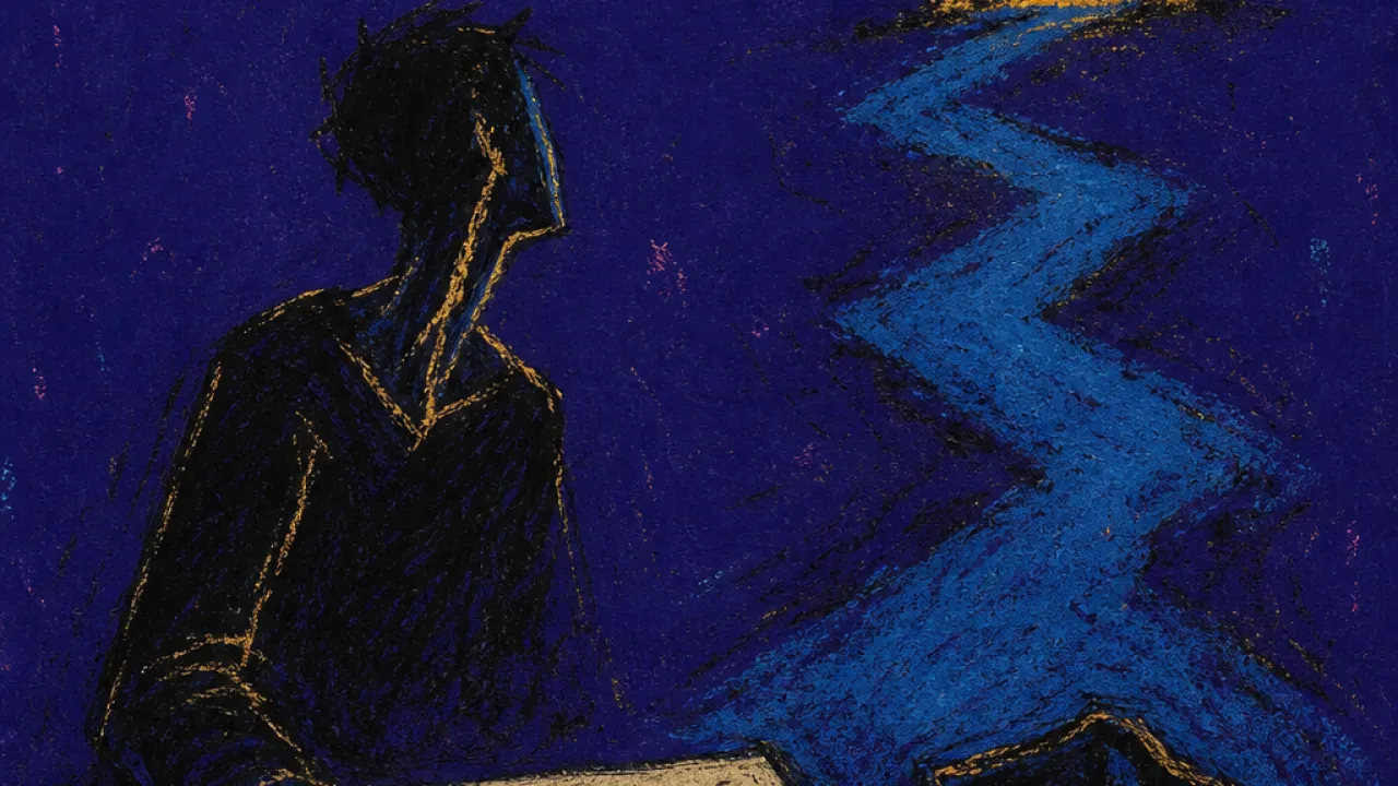 Holding Still At The Gate A figure pins a coin and key beside an open calendar, with an amber gate line fading into cold blue space.