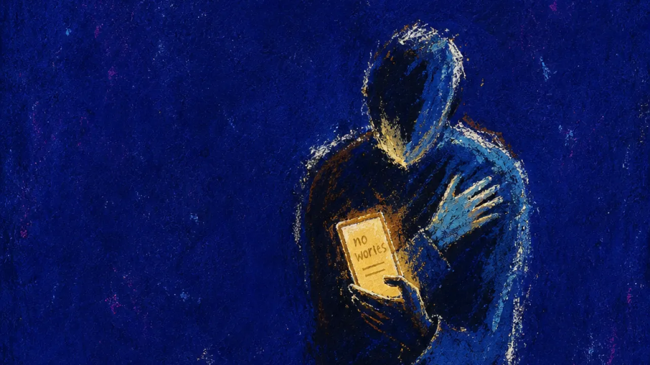 Holding peace, carrying pressure A figure with lifted shoulders, one arm crossed over the chest, thumb above a lit 'no worries' text in amber and cold blue