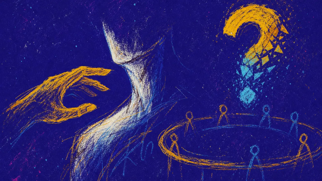 Nodding While the Voice Closes A rigid figure with one hand near the throat beside a glowing question mark, amber notes fracturing into cold blue.