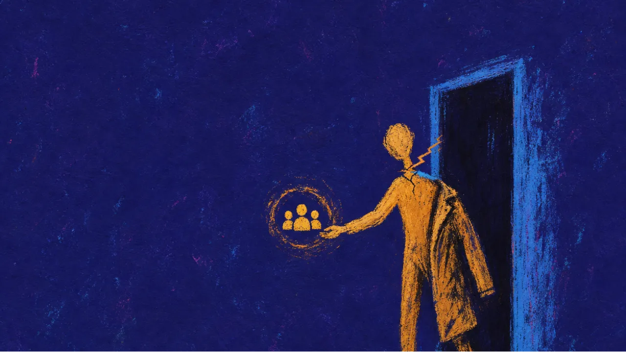 A figure with one foot over a dark threshold, thumb pressing a glowing invite as amber light fractures into cold blue.