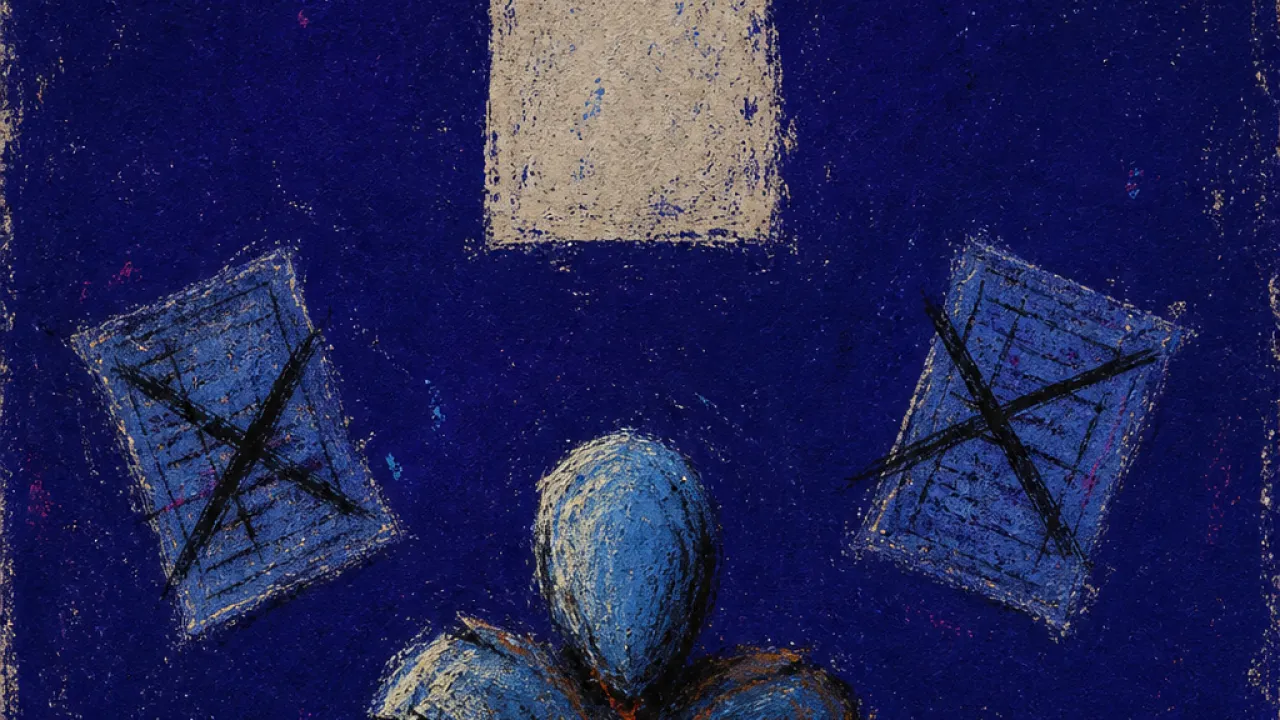 A figure with raised shoulders and folded arms over an unsigned offer sheet, rust lines fractured against cold blue space