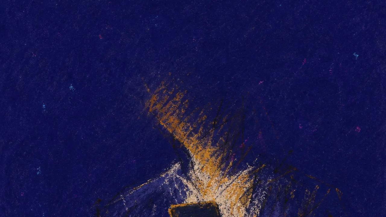 A figure turned sideways with one hand near the chest and a phone face down, amber light compressed against deep blue shadow
