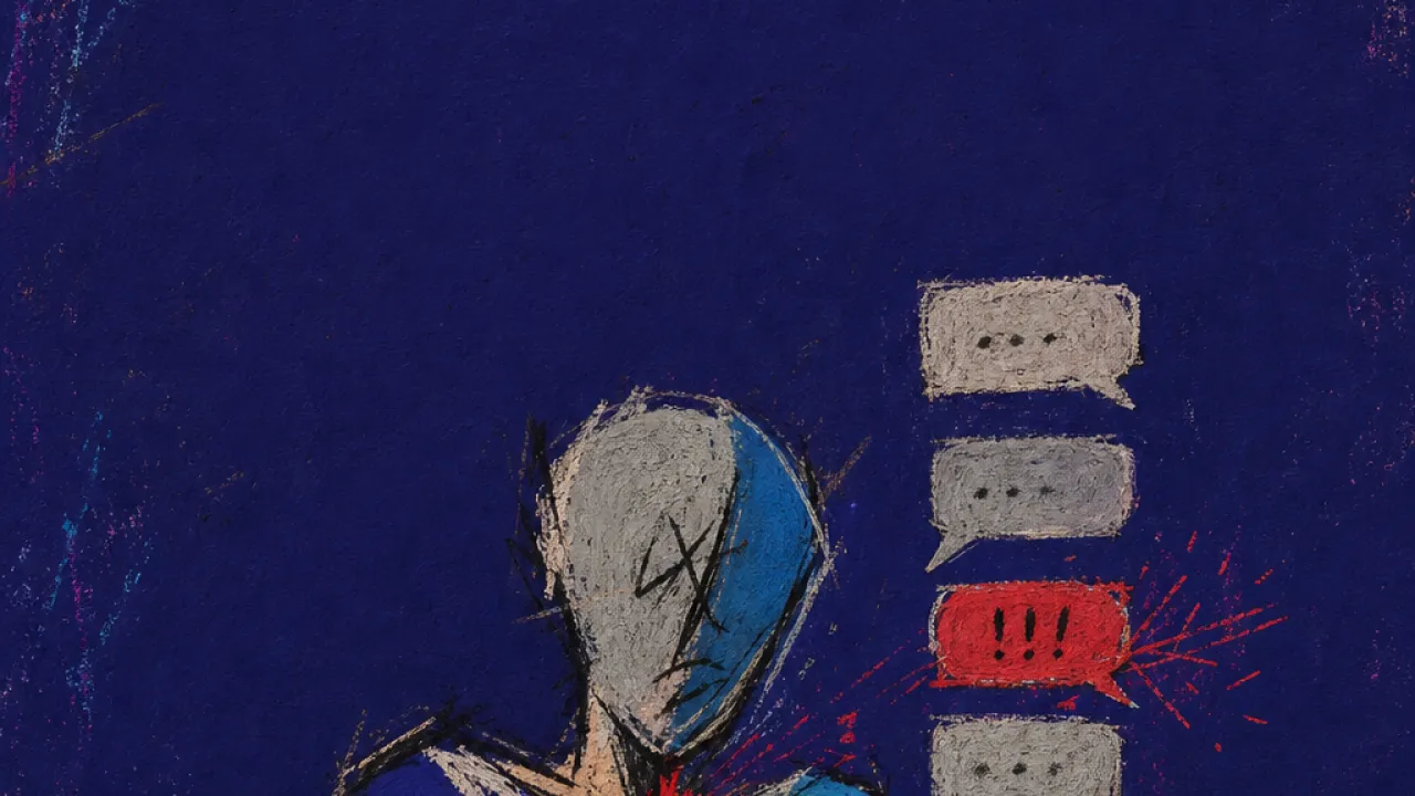 Bracing Before the Verdict A figure with raised shoulders holds a phone showing an unanswered group chat, red cutting through blue space at the throat