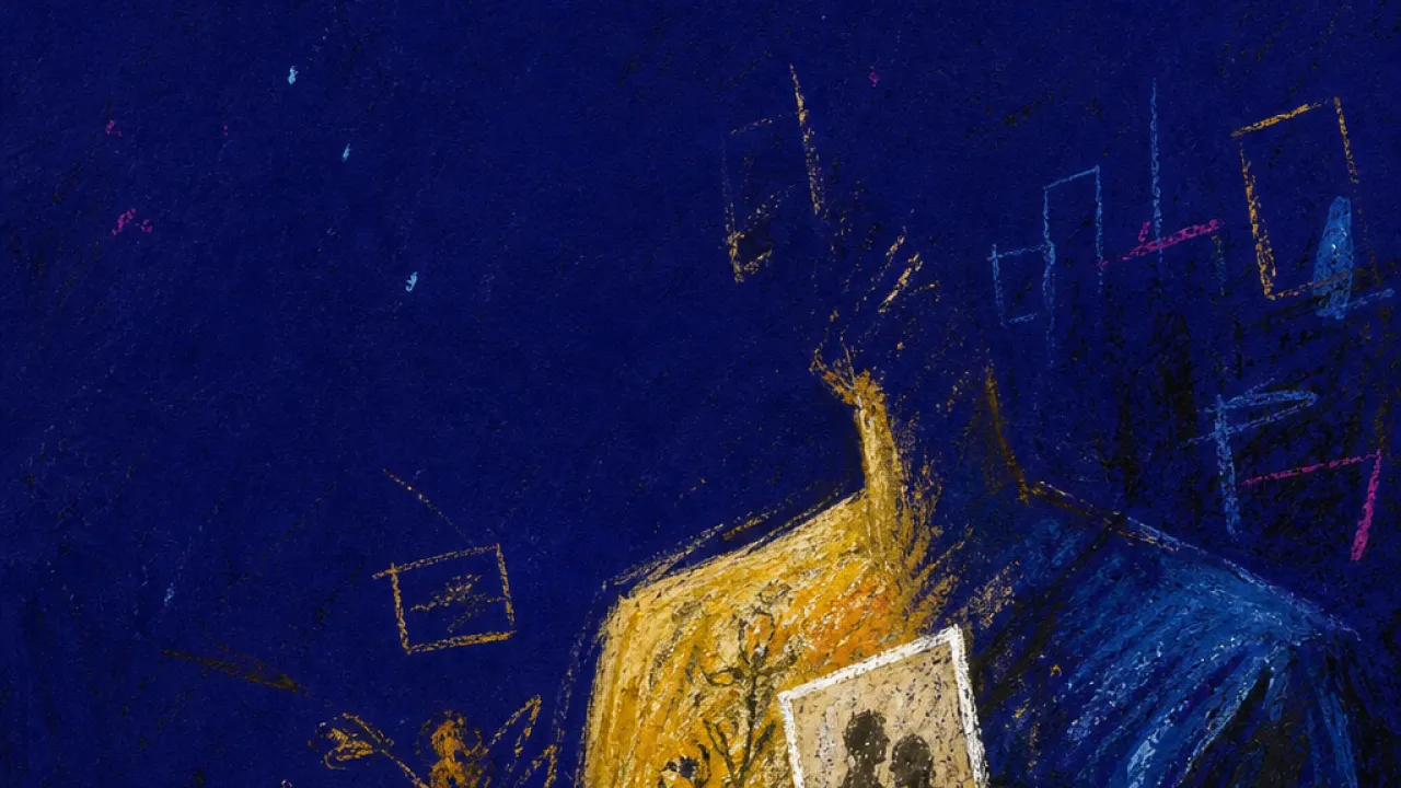 Holding yesterday, missing now A figure holding an old photo near their chest, fingers tense, warm flowers fading into deep blue at the edges.