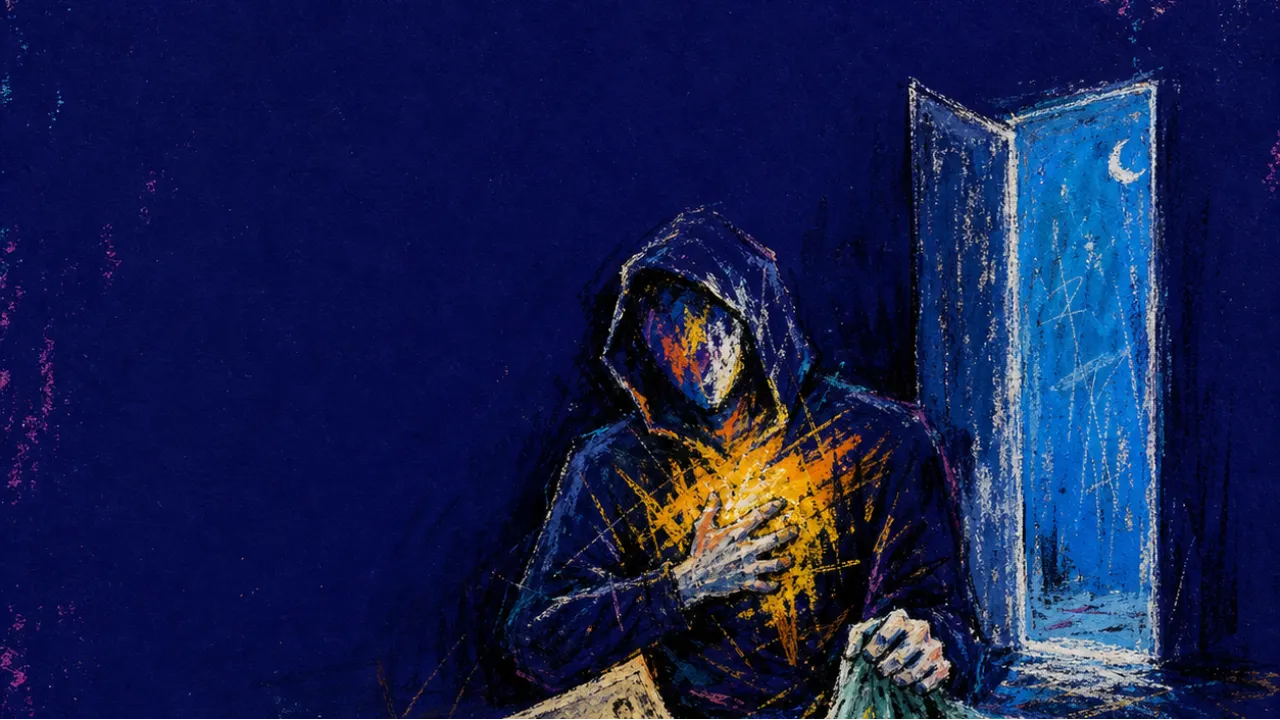 A figure clutches a faded school photo and blanket edge on a dark floor, amber lines boxed against a cold blue doorway