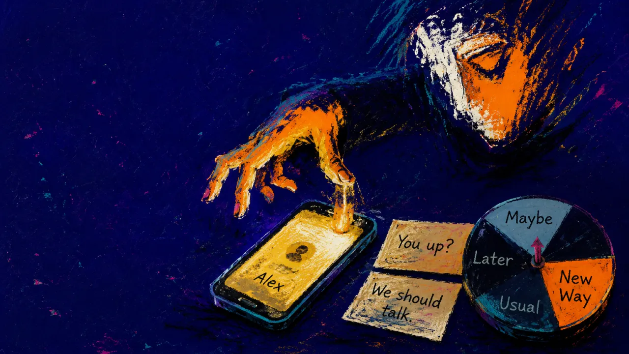 Same Loop, Different Ending? A figure leans toward a phone beside message cards and a wheel, thumb suspended above the screen in amber and indigo light.