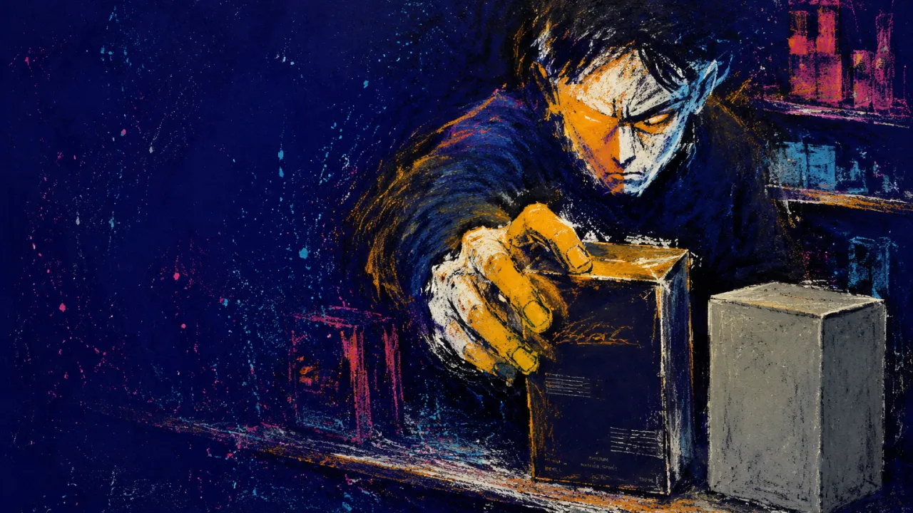 A figure leans toward a glossy amber box, fingers curled around it; a plain grey box with tiny text rests on a dark shelf.