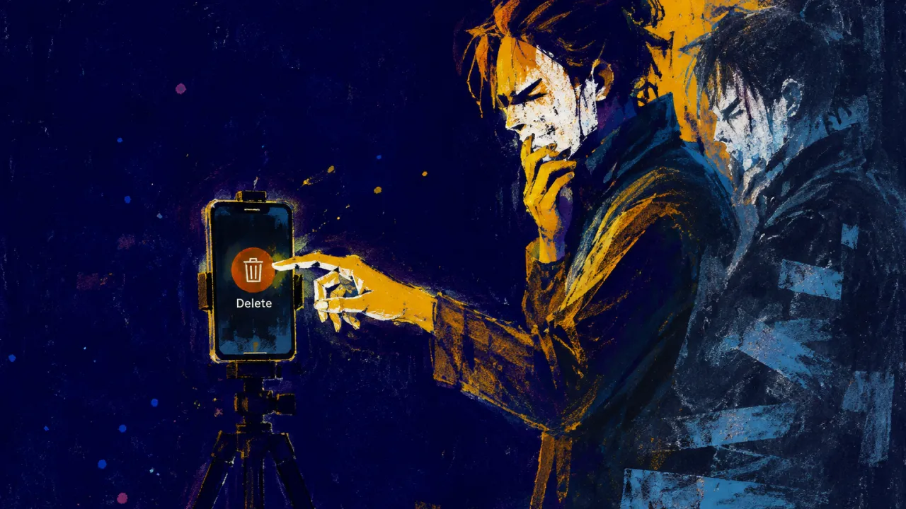 An upright figure touches their jaw beside a phone on a tripod, one hand poised over delete, warm gold against cool blue-grey
