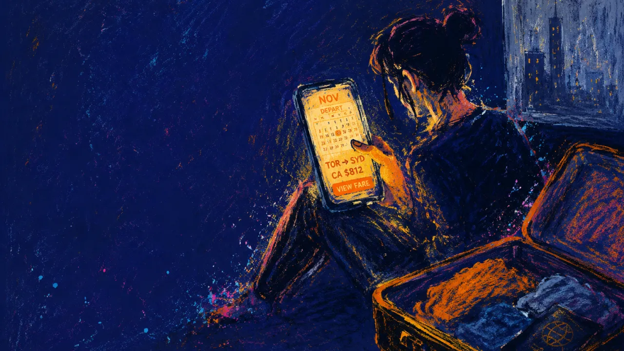 Angling Away, Returning to the Same A side-turned figure scrolls a glowing flight calendar beside a half-unpacked suitcase as amber light fades into blue-grey.