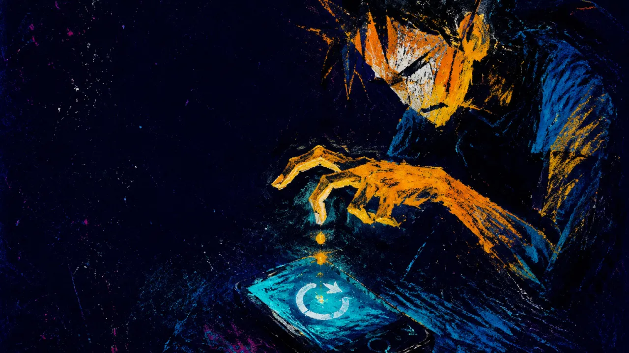 Refreshing Until Recognition Fades A figure leans toward a glowing phone, fingertips above a refresh icon as amber light fades into cyan against black.
