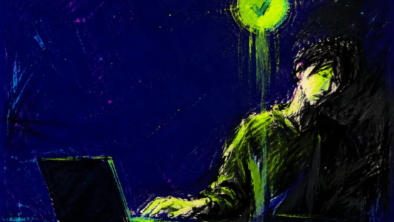 Staying Visible, Going Uncounted An upright figure at an open laptop, one hand on the trackpad and raised shoulders lit neon green against charcoal space.