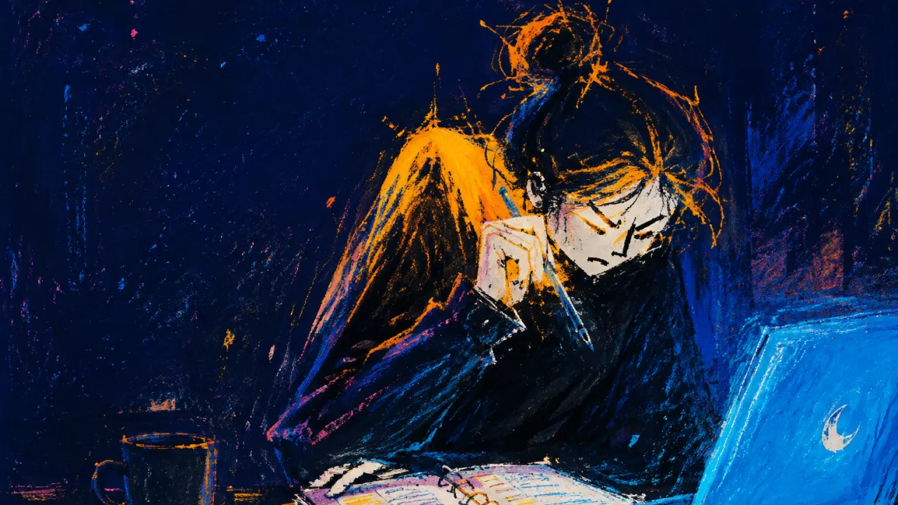 Clarity Under Pressure A figure with raised shoulders holds a pen above an open planner beside a laptop, amber and blue light across a desk.