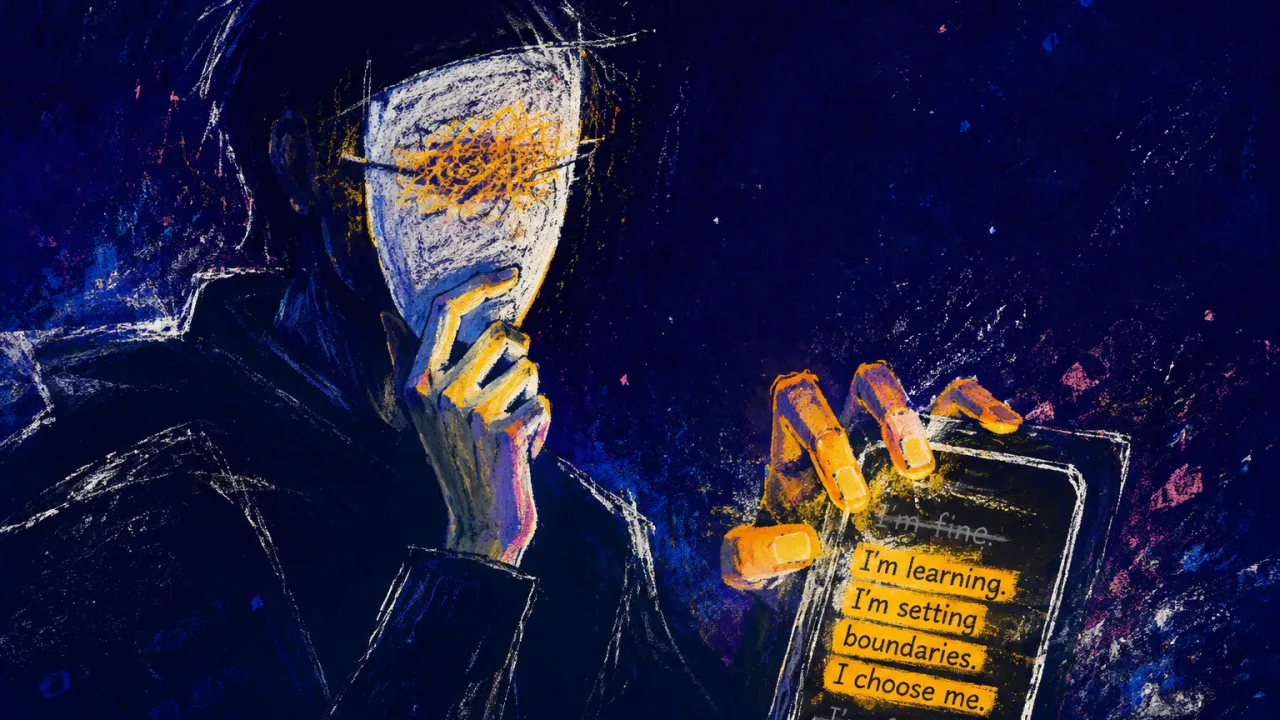 An upright figure touches their jaw while holding a phone, amber text layered over a fading grey sentence.