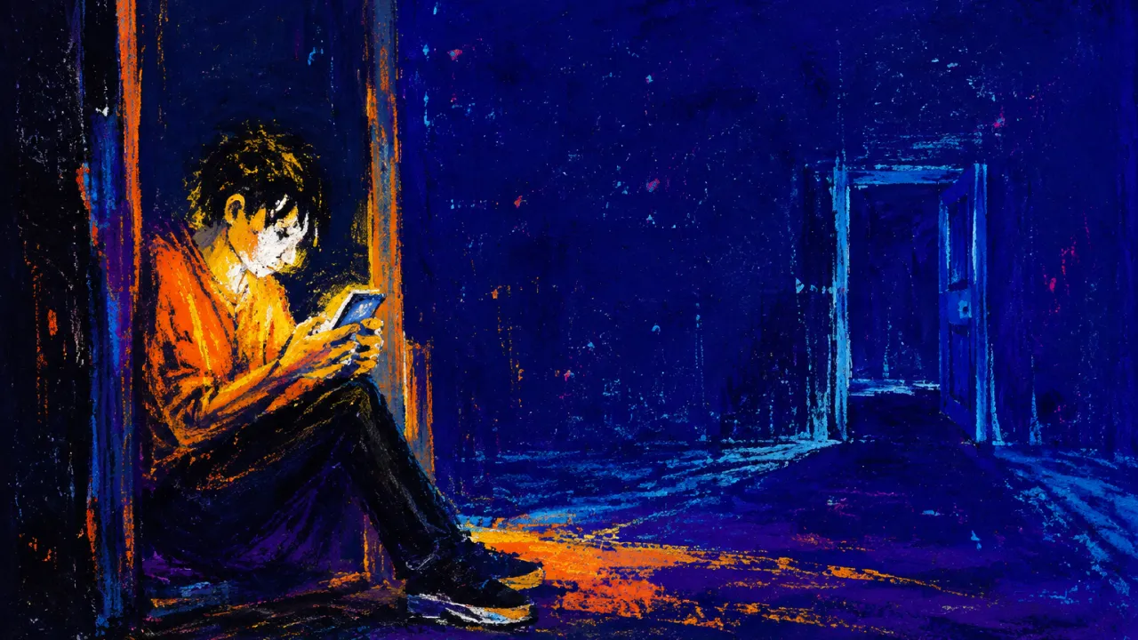 A seated figure clasps a glowing phone at a doorway, shoulders rigid, with amber light suspended against deep indigo.
