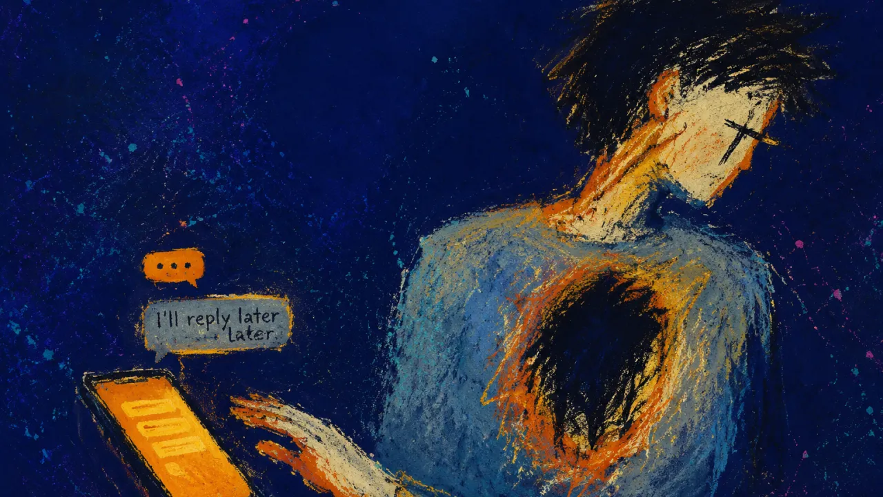 A figure angles away from a phone, one hand hovering over a group message, with a hollow chest in amber against blue-grey.