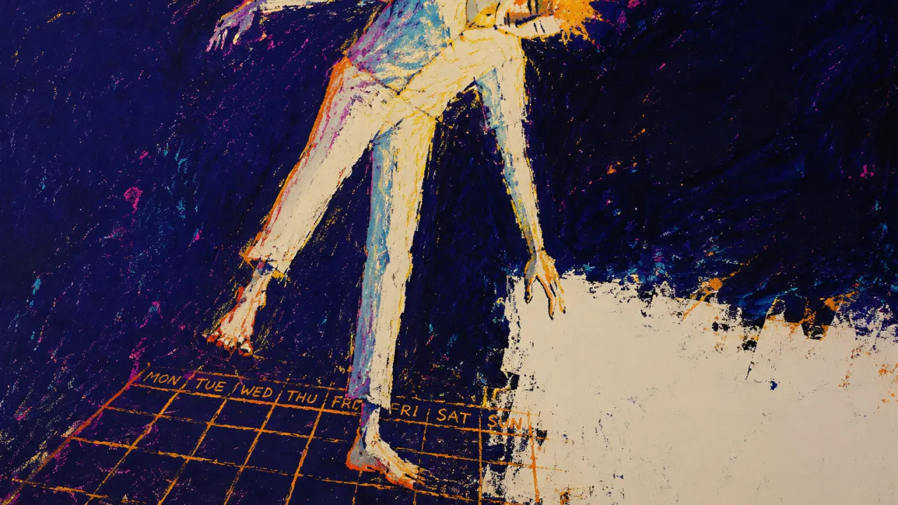 Nowhere for the Next Step to Land A figure hovers above a dark floor divided between an amber calendar grid and open white space, one hand in indigo shadow.