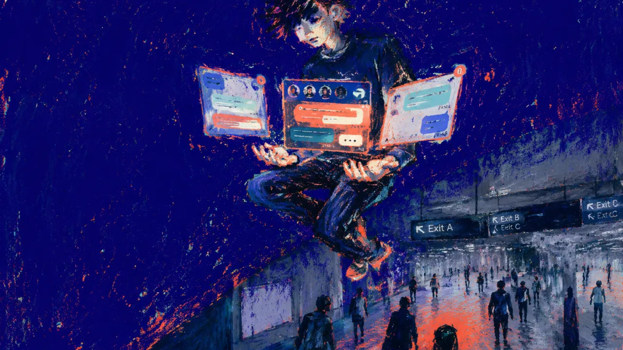 Circling Everywhere, Landing Nowhere A figure hovering over a station floor, three glowing chat screens by their hands, coral light against indigo crowds.
