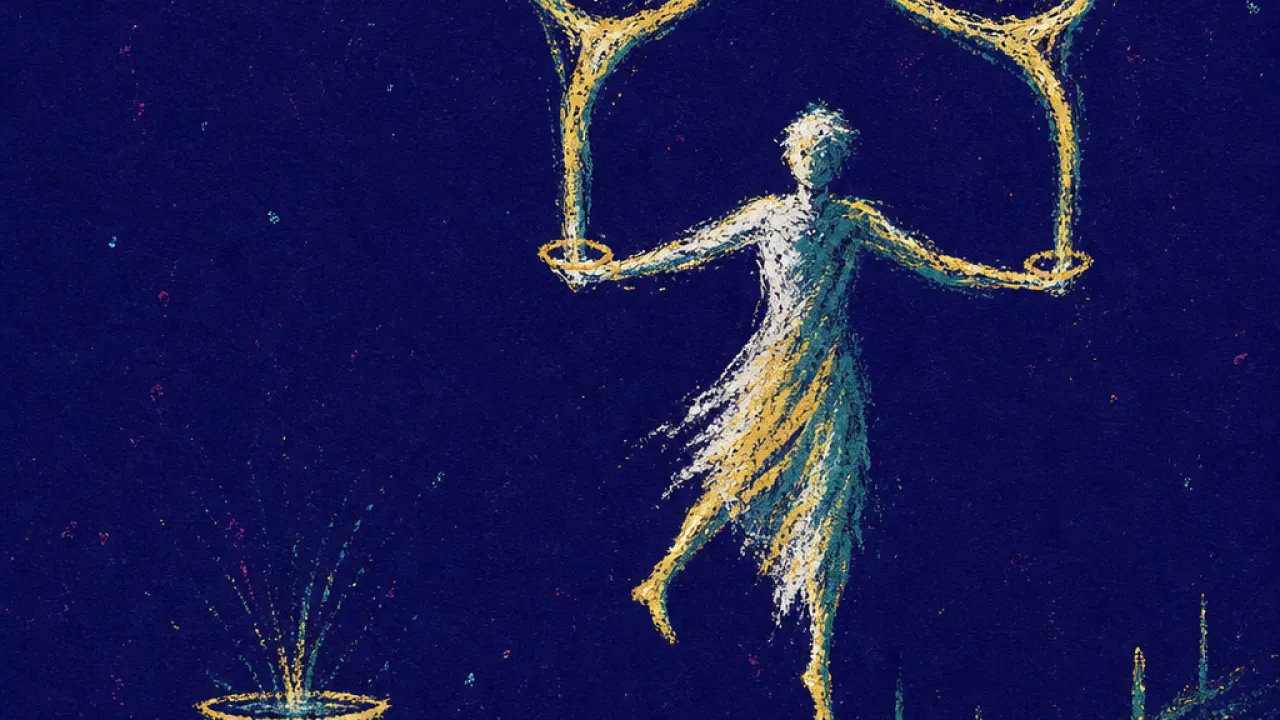Balanced Before the Road A figure suspended mid-step between pool and road, two cups pouring a perfect loop, pale gold pressed into teal-black space