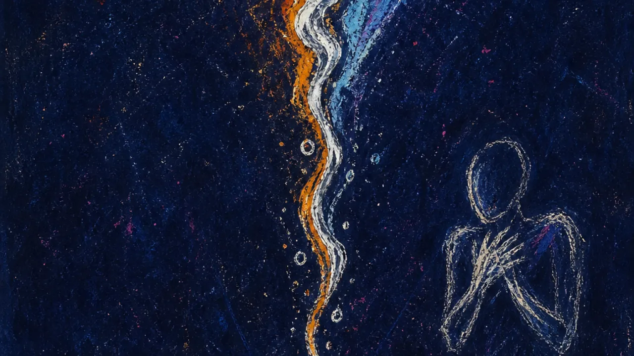 A figure suspended between water and dry floor, cupping a silver stream above an amber-lit phone in indigo space