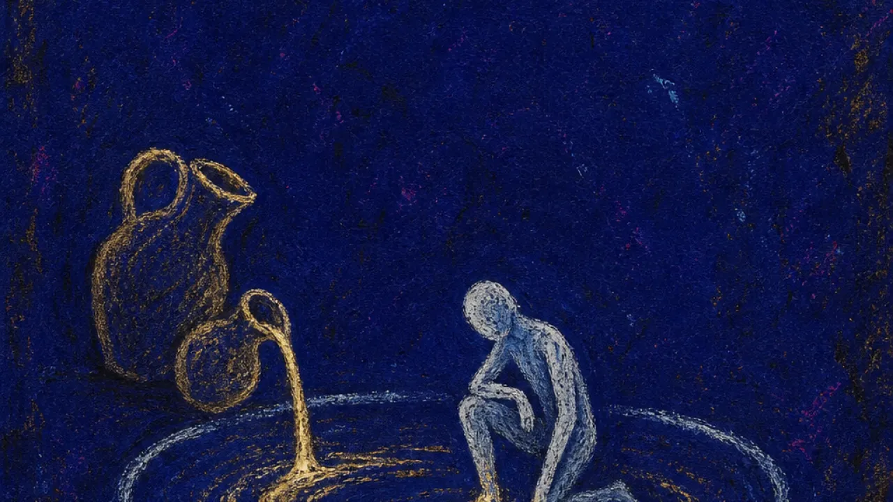 Water Moves, Life Doesn't A kneeling figure enclosed by a circular waterline, two vessels pouring into one pool, pale gold fractured against cold blue