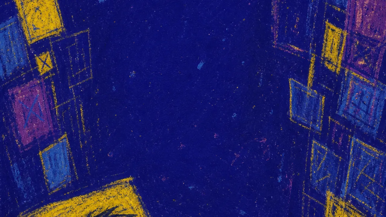 A figure in a doorless room with a phone by the bed, calendar-like walls, cluttered floor, and yellow light against indigo