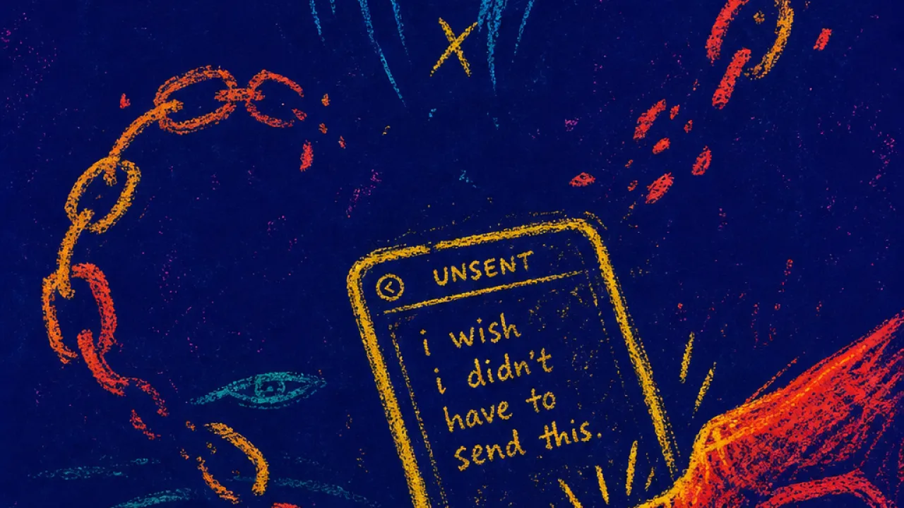 A suspended figure between a glowing unsent message and a slow river below, flame-colored chains in cold teal space