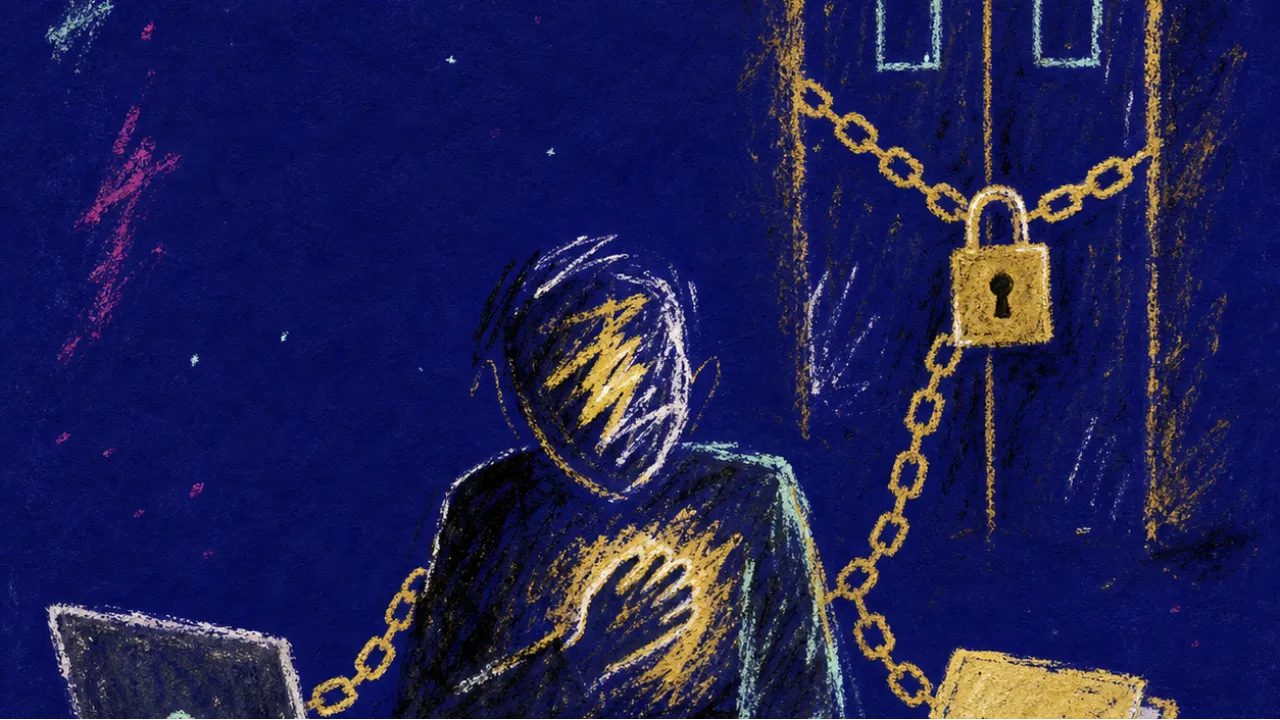 A seated figure at an after-hours desk, loose gold chains linking a laptop and benefits folder to locked office doors