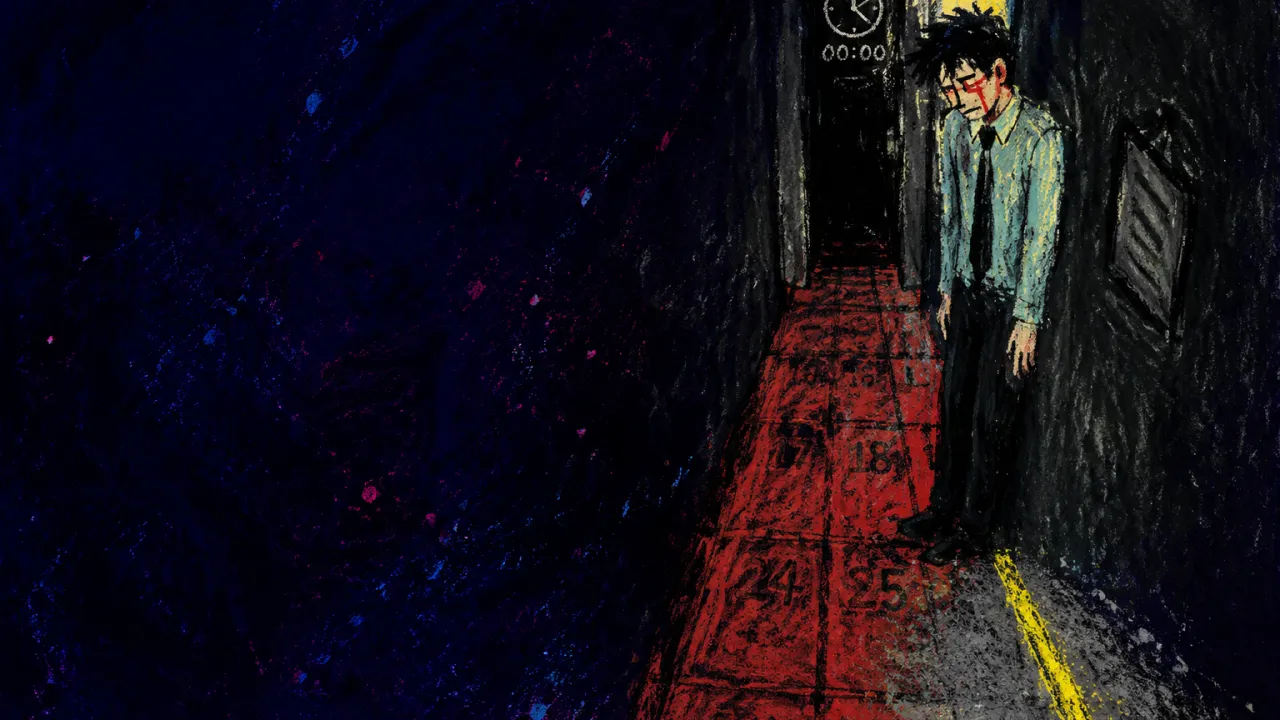 When Warning Becomes the Floor A figure in a doorless office corridor paved with red calendar blocks, shoulders near grey walls under a yellow warning line.