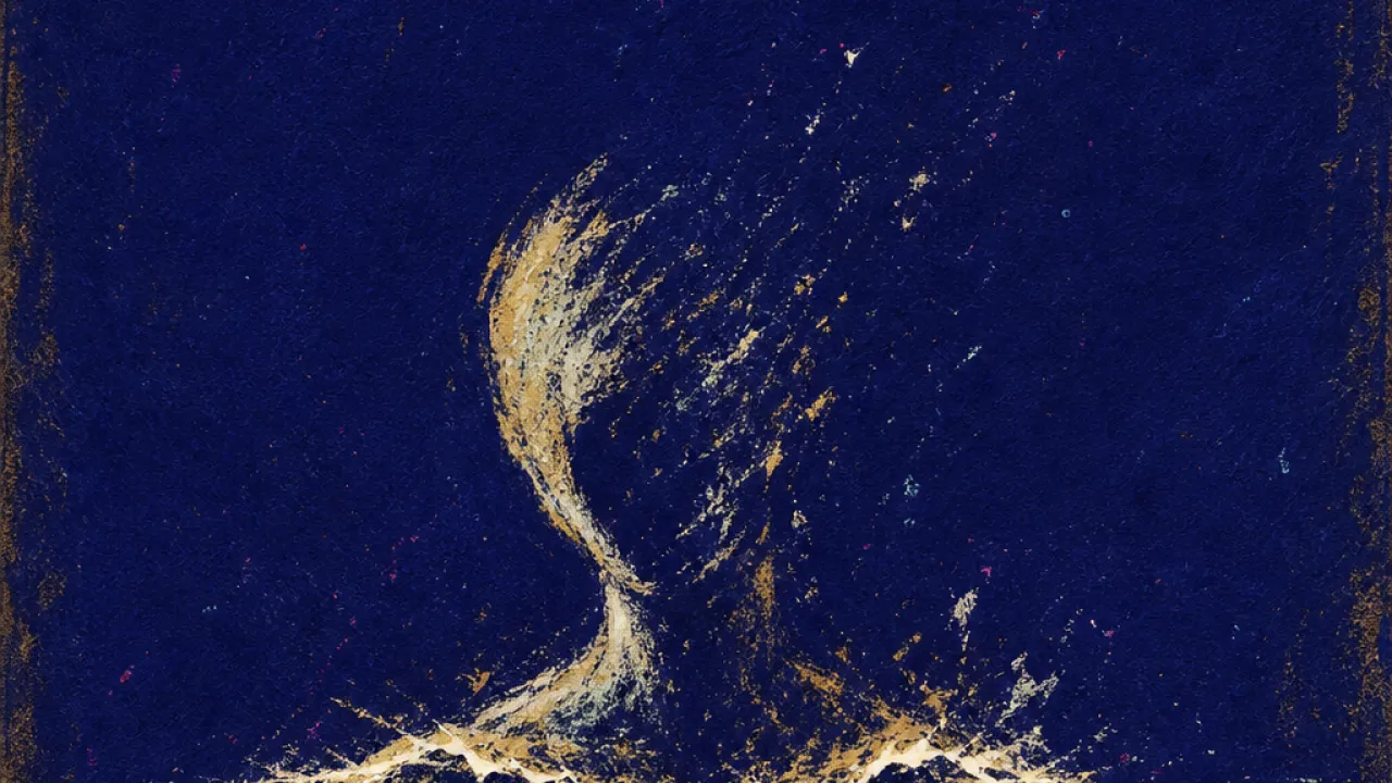 A dissolving figure beneath a bright open sky, standing on unmarked land where pale gold fades into deep indigo