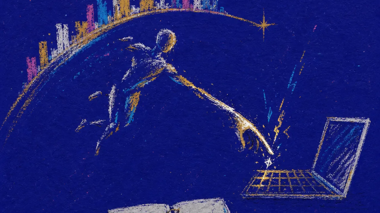 A figure suspended above an open planner, fingertip over a blank page, star-gold fractured against cold graphite.