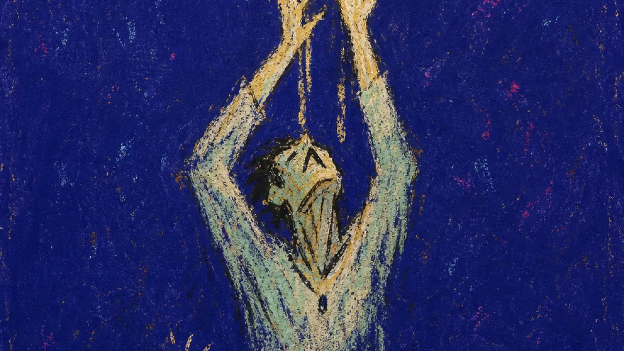 A figure in a doorless dining room bracing a cracked ceiling leak, pale gold light pressed into bruised indigo shadow