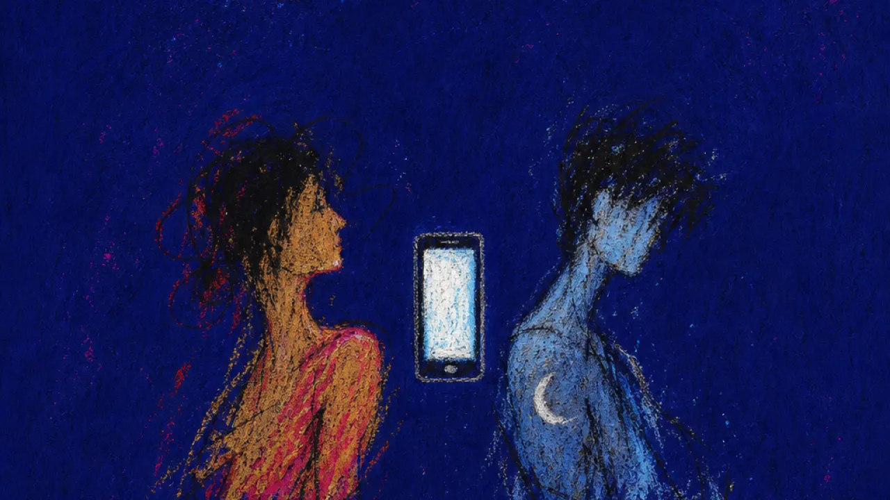 Between Signal and Screen A figure suspended above a moonlit path, a blank phone screen glowing between two silhouettes in acid white and lunar blue