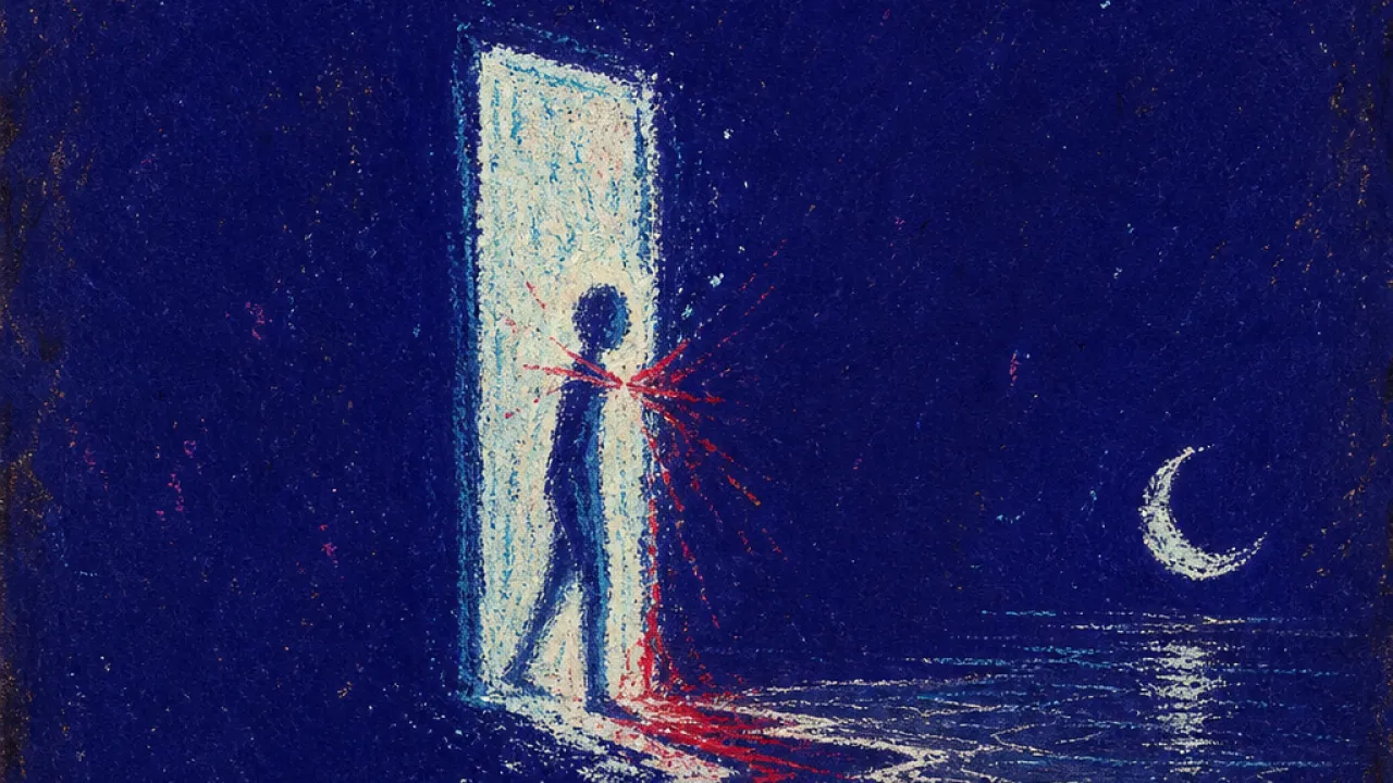 Open Door, Moving Edge A figure caught at a glowing phone doorway beside a moonlit shore, silver-blue edges cut by warning red