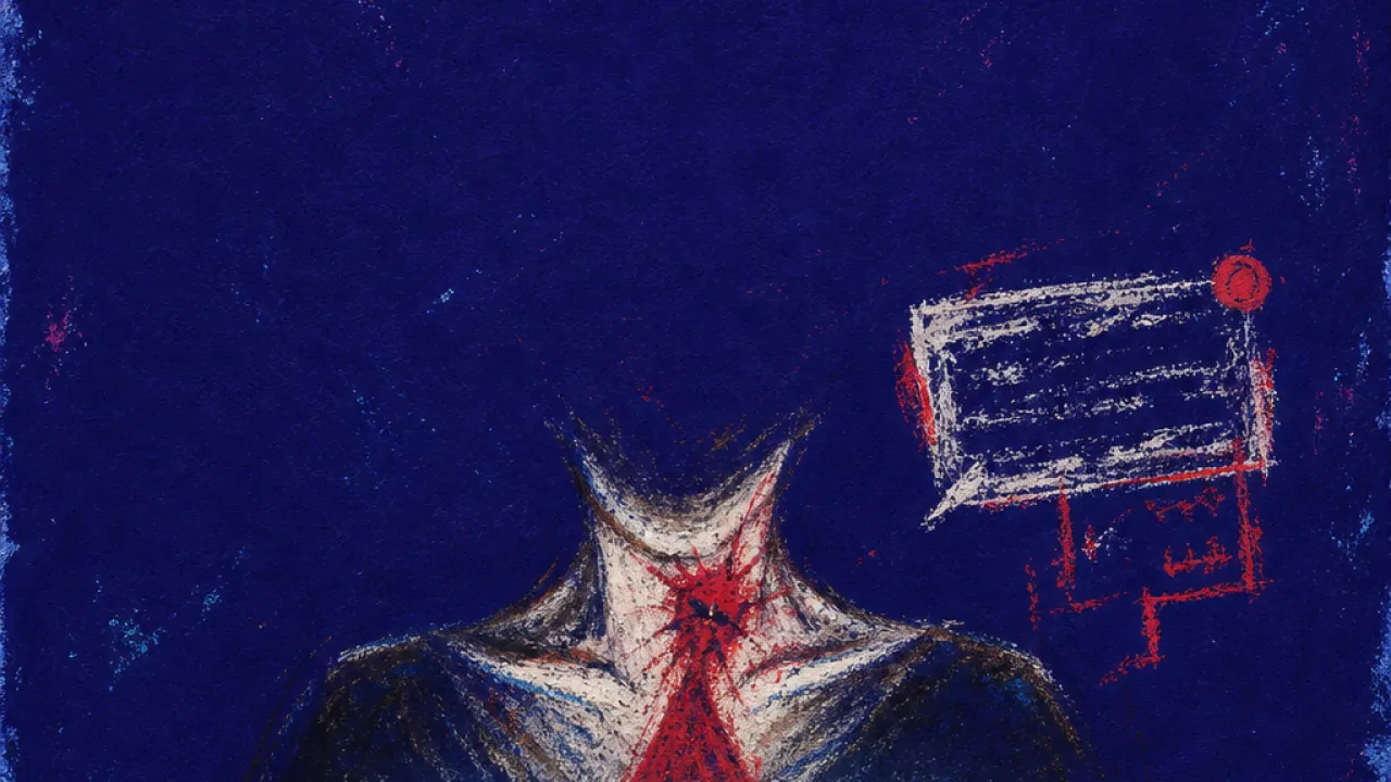 Pinned by what you know A figure pinned in dark space by a glowing laptop window, throat lit in white glare with a red shadow across the floor
