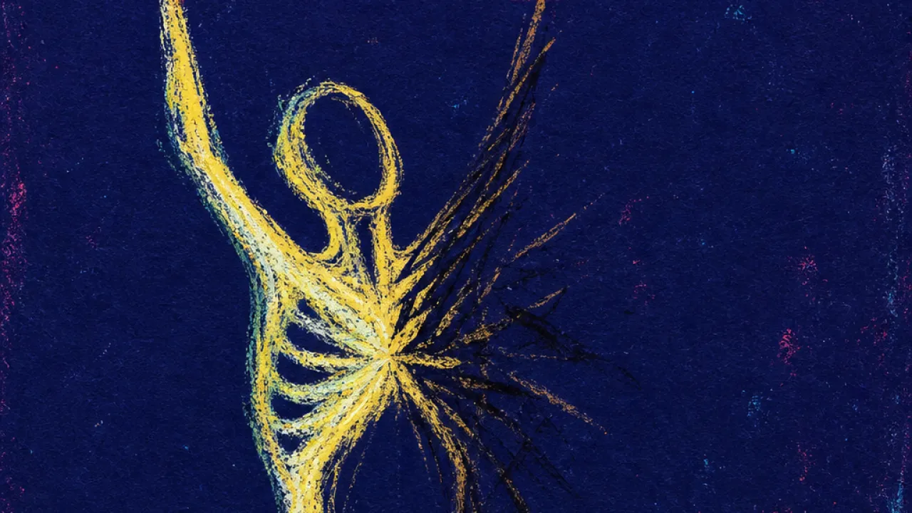 A hollow figure in bright light holds a red banner, warm yellow tones fractured by cold indigo inside the ribs